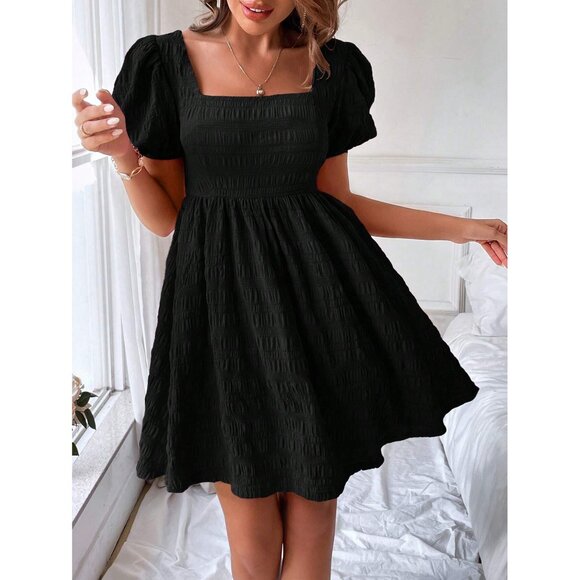 Textured puff sleeve babydoll mini dress boho preppy - Picture 1 of 3